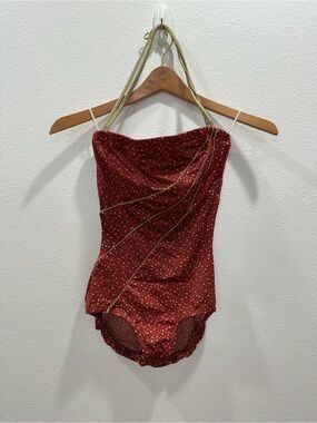 Vintage 1960s Rose Marie Reid Red One-Piece Swimsuit Gold details couture pinup